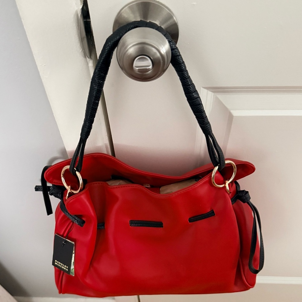 NWT Badgley Mischka Red Leather Shoulder Bag with Black Trim